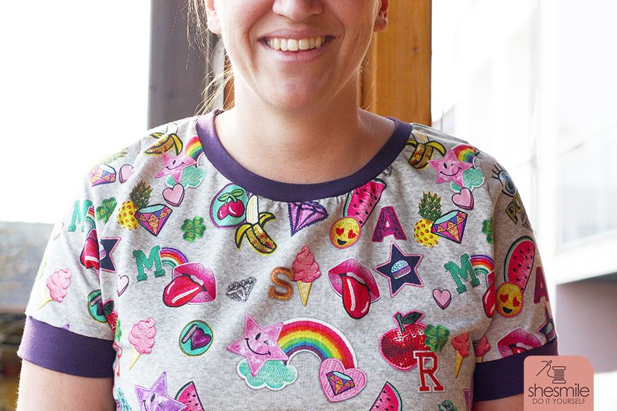 Ein lillesol women No.10 T-Shirt genäht von shesmile aus knallbuntem Stoff und Regenbogen. Was ist dein Geheimrezept jeden Morgen motiviert aufzustehen? Hier meine Top 5 gegen Lagerkoller!