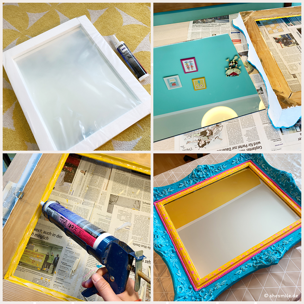 Ein Spiegel nach Maß mit Bommelborte. Ein alter Bilderrahmen wird zum Spiegel für das Kinderzimmer. Ein Upcycling Bastelprojekt von shesmile DIY.