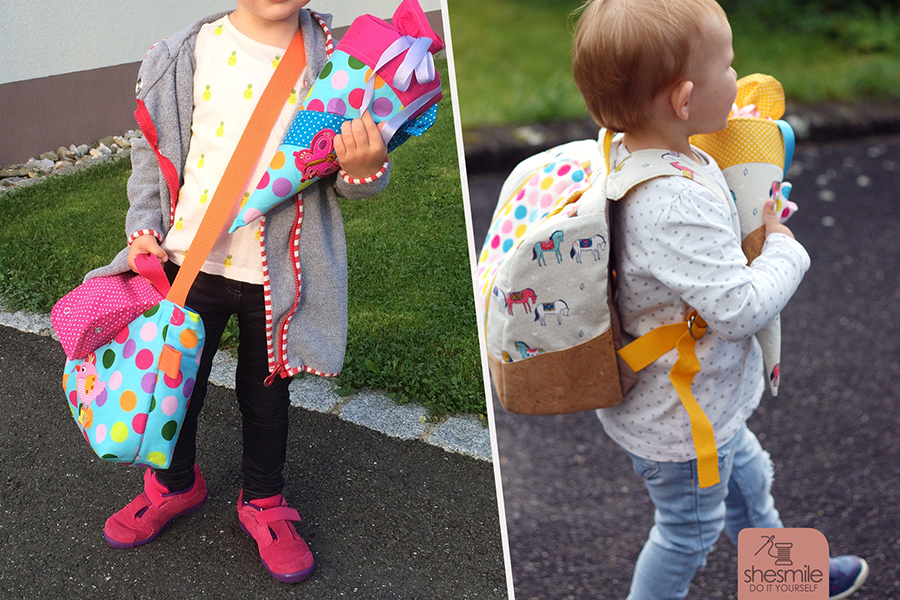 Der erste Kindergarten-Tag 2014 und 2017 - Einmal mit der Kindergartentasche Milla und einmal mit dem Rucksack KlapPack. Beidemale mit einer Schultüte aus Stoff. Nähanleitung und Schnittmuster von shesmile.