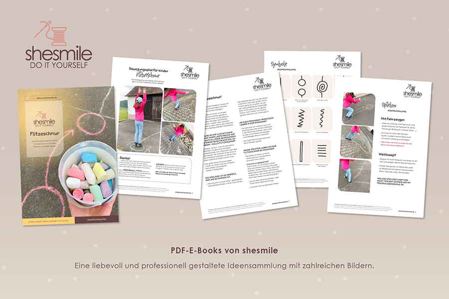 Kostenlose Ideensammlung gestaltet als PDF-E-Book für ein Bewegungsspiel für Kinder - Die Flitzeschnur von shesmile! Mach mit bei der #flitzeschnurchallenge und teile die Spielidee für draußen mit deinen Freunden und Familie. Vorschau ins Freebook.