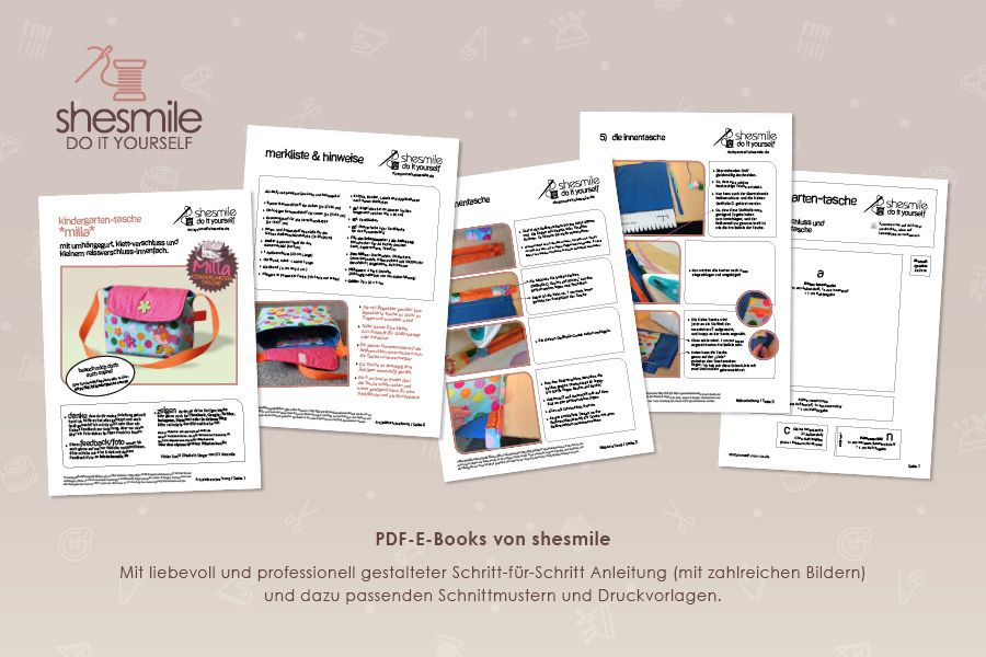 Nähanleitung und Schnittmuster gestaltet als PDF-E-Book für eine Kindergartentasche oder Kita-Tasche mit Umhängegurt und kleiner Reißverschluss-Innentasche Milla.