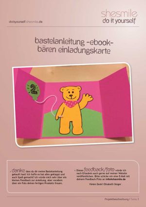 Von mir entworfene und erstellte Bastelanleitung und Zeichenvorlage für süße Bären-Einladungskarten.
