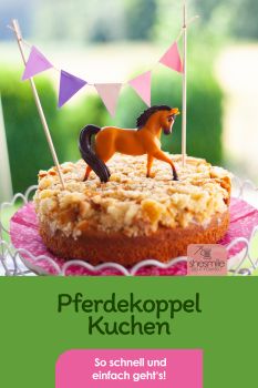Pferdeparty im Garten mit dem passenden Kuchen: Pferdekoppel-Kuchen mit Wimpelkette und Spirit als Spielpferd und Kuchentopper. Eine Backidee von shesmile.