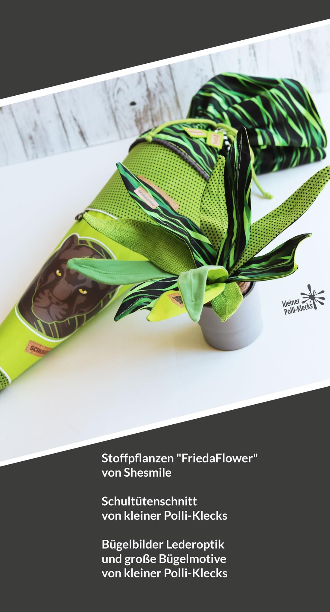 ContestBeispiel: Stoffplanze Frieda Flower von shesmile, Schultütenschnitt von Kleiner Polli-Klecks, Bügelbilder Lederoptik und große Bügelmotive von Kleiner Polli-Klecks