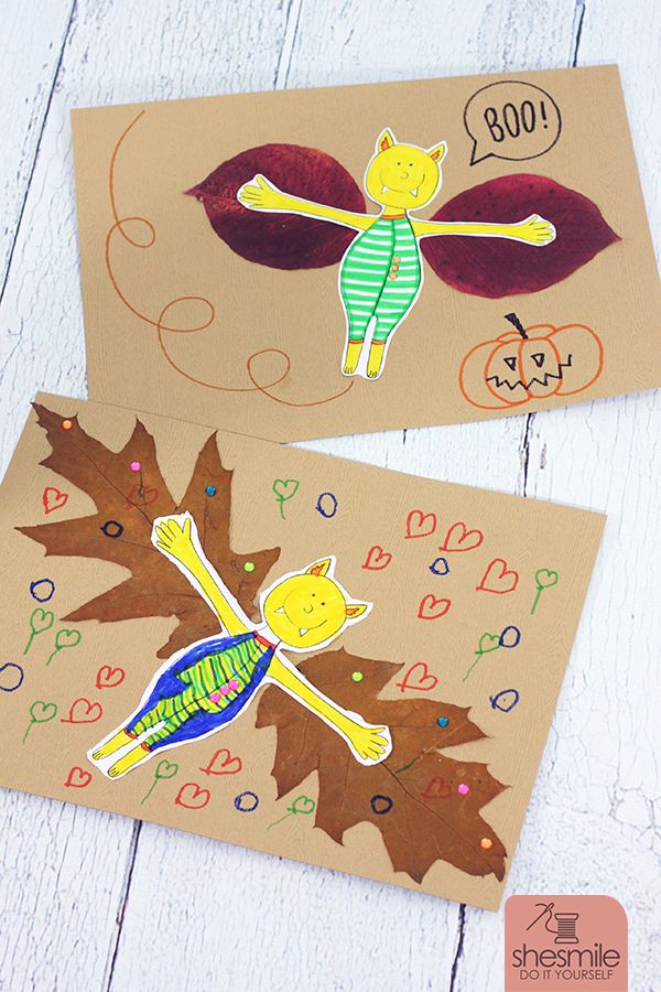 Bastelspaß für den Herbst und Halloween mit Kindern. Fledermaus-Vampir mit getrockneten Blätterflügeln basteln.