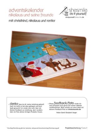 Nähanleitung und Schnittmuster gestaltet als PDF-E-Book für einen großen Wand-Adventskalender mit Nikolaus, Christkind und Rentier-Schlitten.