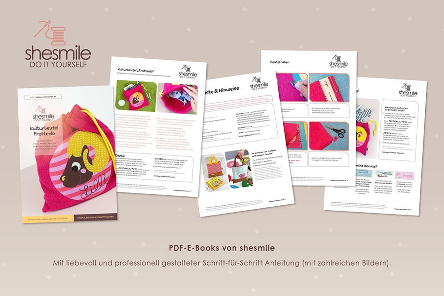 Kostenlose Nähanleitung gestaltet als PDF-E-Book für einen Stoffbeutel oder Kulturbeutel aus Frottee "Frotteelo".