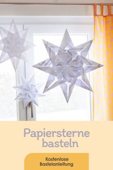 Pinterest-Pin: Sterne basteln mit (Schnittmuster-) Papier als Deko für Weihnachten