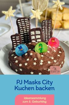 Pinterest-Pin: Eine spannende PJ Masks Party zum 5. Geburtstag!