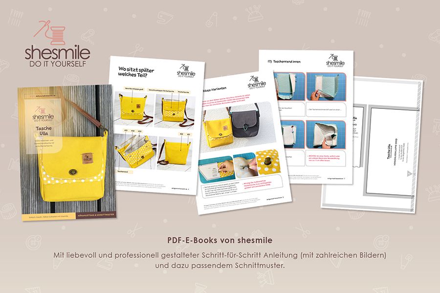 Nähanleitung und Schnittmuster gestaltet als PDF-E-Book für eine Handtasche bzw. Umhängetasche Ulla mit gefächertem Seitenfach.