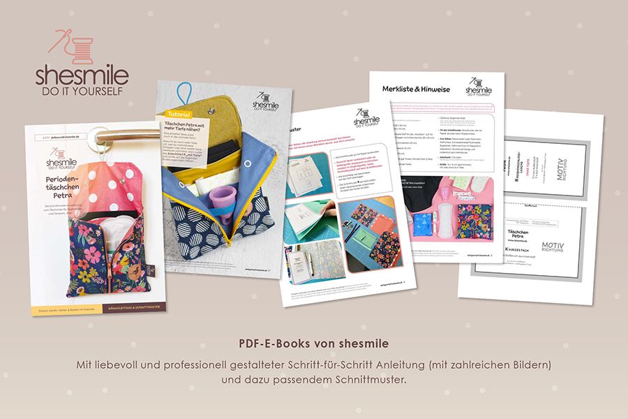 Nähanleitung und Schnittmuster gestaltet als PDF-E-Book von shesmile für ein Täschchen Petra mit Fächern für Periodenunterwäsche, (wiederverwendbare Stoff-) Slipeinlagen, Menstruationstasse und Tampons.