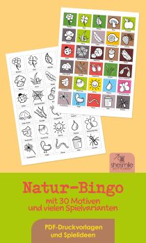 Druckvorlagen und Spielideen für Natur-Bingo gestaltet als PDF-E-Book von shesmile. Perfekt als Schatzsuche für den nächsten Kindergeburtstag oder als Ferien- und Freizeitprogramm für Kinder.