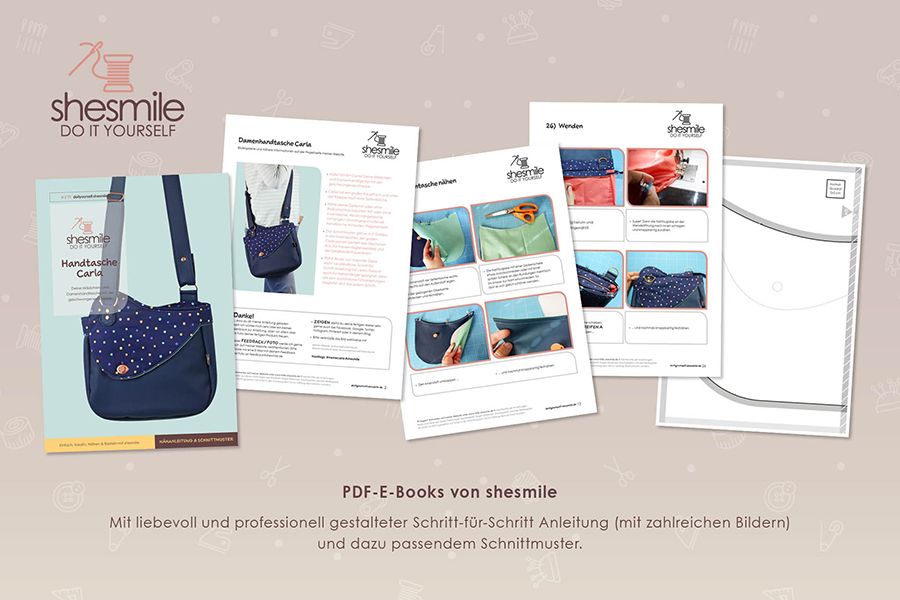 Nähanleitung und Schnittmuster gestaltet als PDF-E-Book für eine Handtasche bzw. Umhängetasche Carla in zwei Größen.