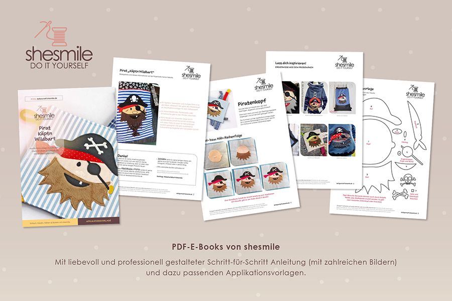 Applikationsvorlage gestaltet als PDF-E-Book für den Piratenkopf Käptn Wildbart. Zur Gestaltung von Textilien.
